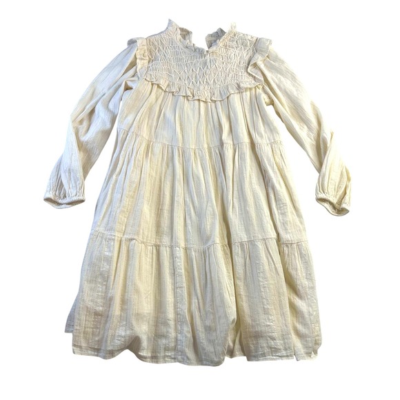 Zara Other - Zara Kids Girls Cream Gold Metallic Pinstripe Smocked Tiered Ruffle Dress Size 9